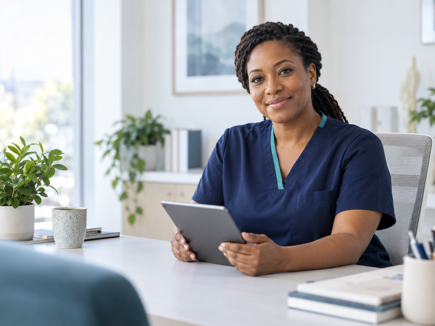 Illustrative clinician holding a tablet in a consulting room.
